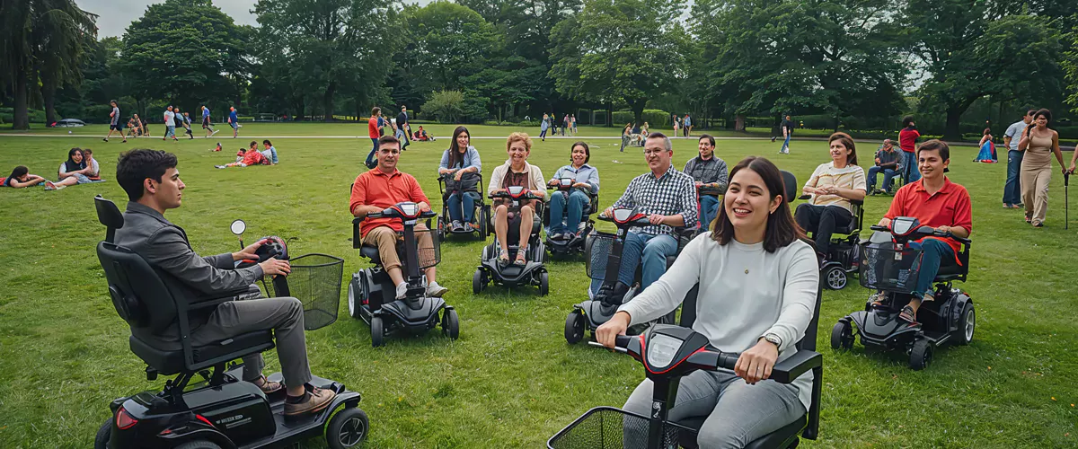 Diverse Generations Riding Mobility Scooters in Sunny Park Adventure