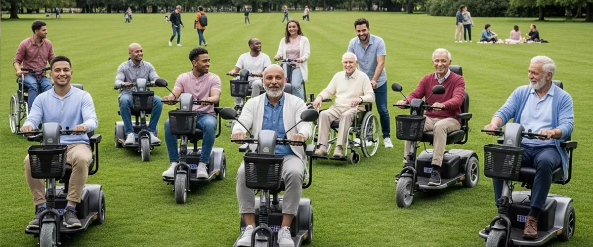 Seniors with Arthritis Enjoying 3-Wheel Mobility Scooters Outdoors