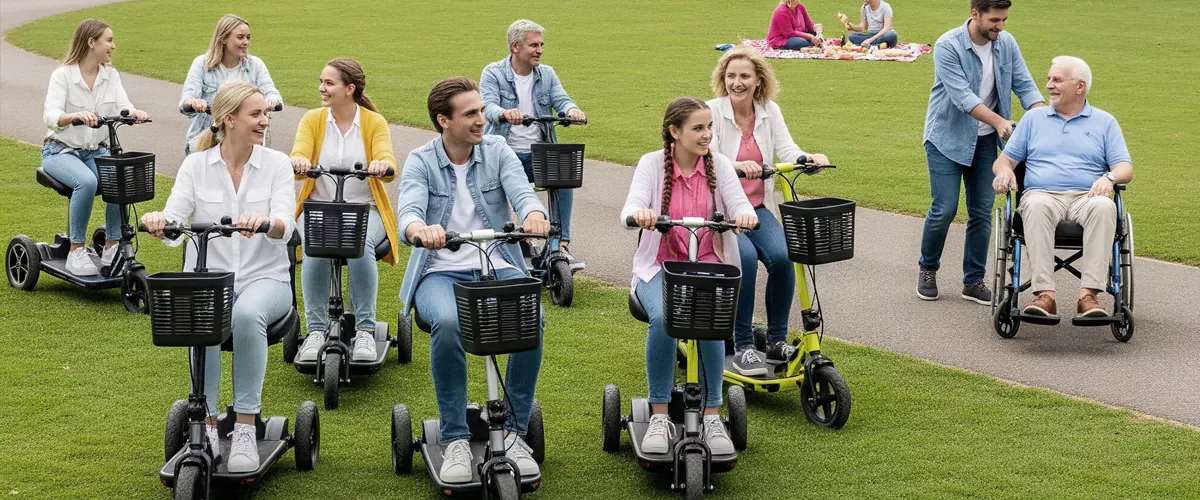 Young and Old Sharing Foldable Mobility Scooters in Park Setting